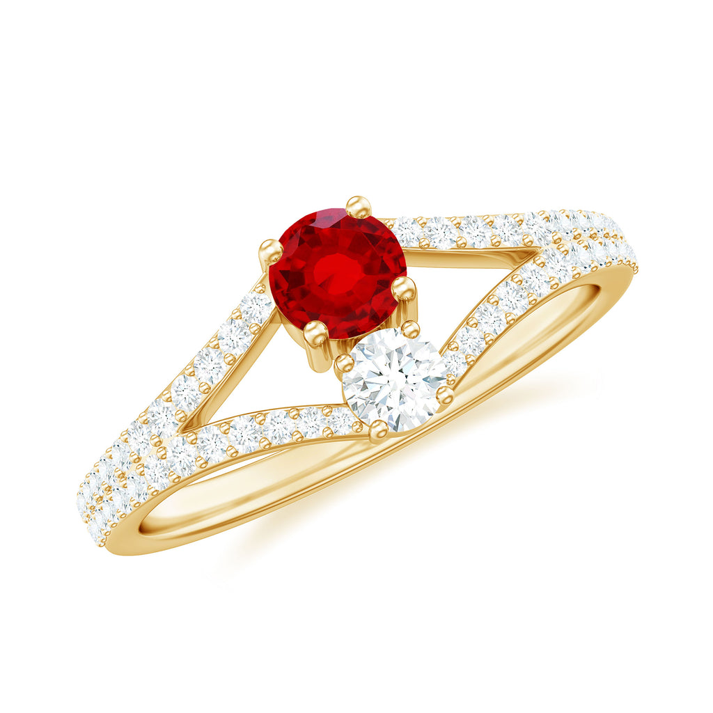 Created Ruby and Diamond Two Stone Split Shank Engagement Ring Lab Created Ruby - ( AAAA ) - Quality - Rosec Jewels