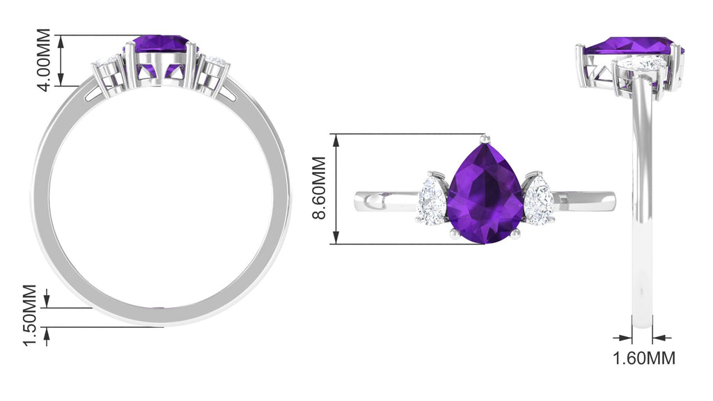 Pear Shape Amethyst Solitaire Ring with Diamond Side Stones Amethyst - ( AAA ) - Quality - Rosec Jewels