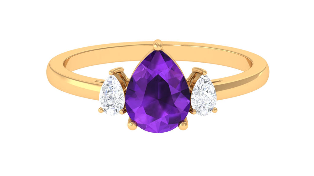 Pear Shape Amethyst Solitaire Ring with Diamond Side Stones Amethyst - ( AAA ) - Quality - Rosec Jewels