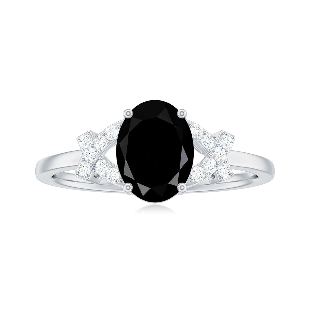 Oval Created Black Diamond Solitaire Ring with Diamond in Split Shank Lab Created Black Diamond - ( AAAA ) - Quality - Rosec Jewels