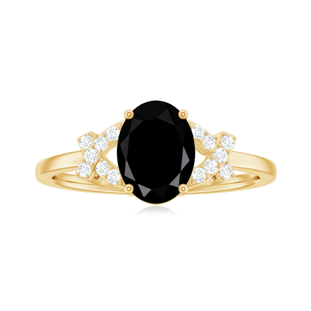 Oval Created Black Diamond Solitaire Ring with Diamond in Split Shank Lab Created Black Diamond - ( AAAA ) - Quality - Rosec Jewels