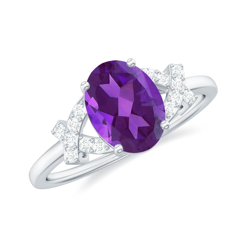 Oval Amethyst Solitaire Ring with Diamond in Split Shank Amethyst - ( AAA ) - Quality - Rosec Jewels