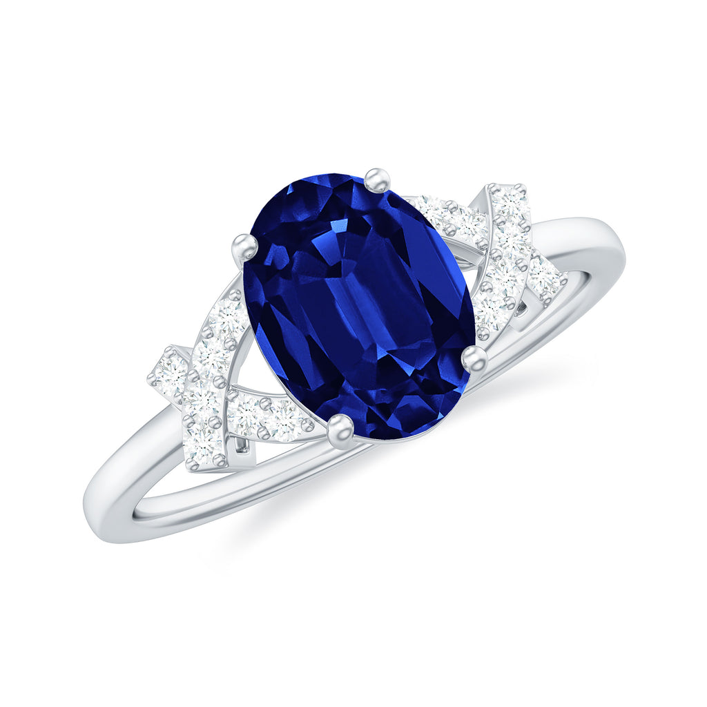 Split Shank Oval Created Blue Sapphire and Diamond Solitaire Engagement Ring Lab Created Blue Sapphire - ( AAAA ) - Quality - Rosec Jewels
