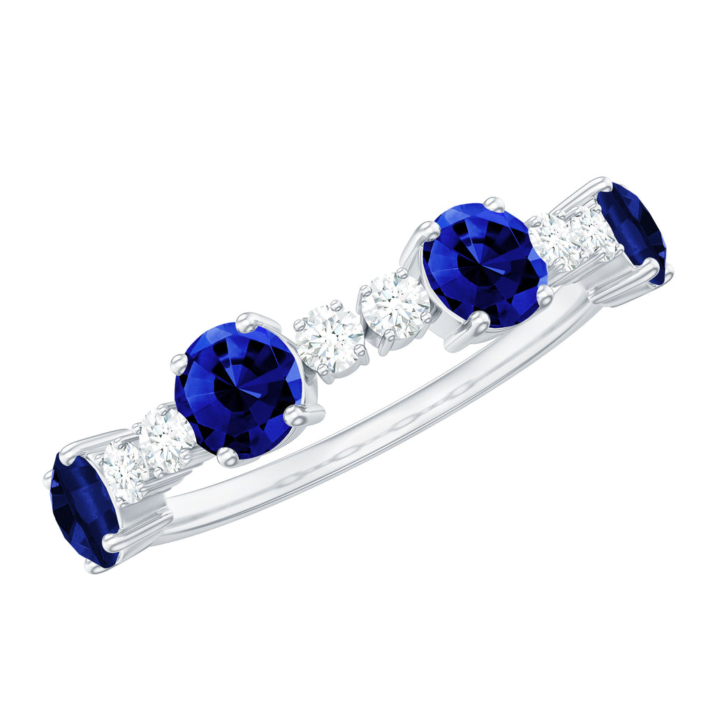 Round Created Blue Sapphire and Diamond Alternate Half Eternity Ring Lab Created Blue Sapphire - ( AAAA ) - Quality - Rosec Jewels