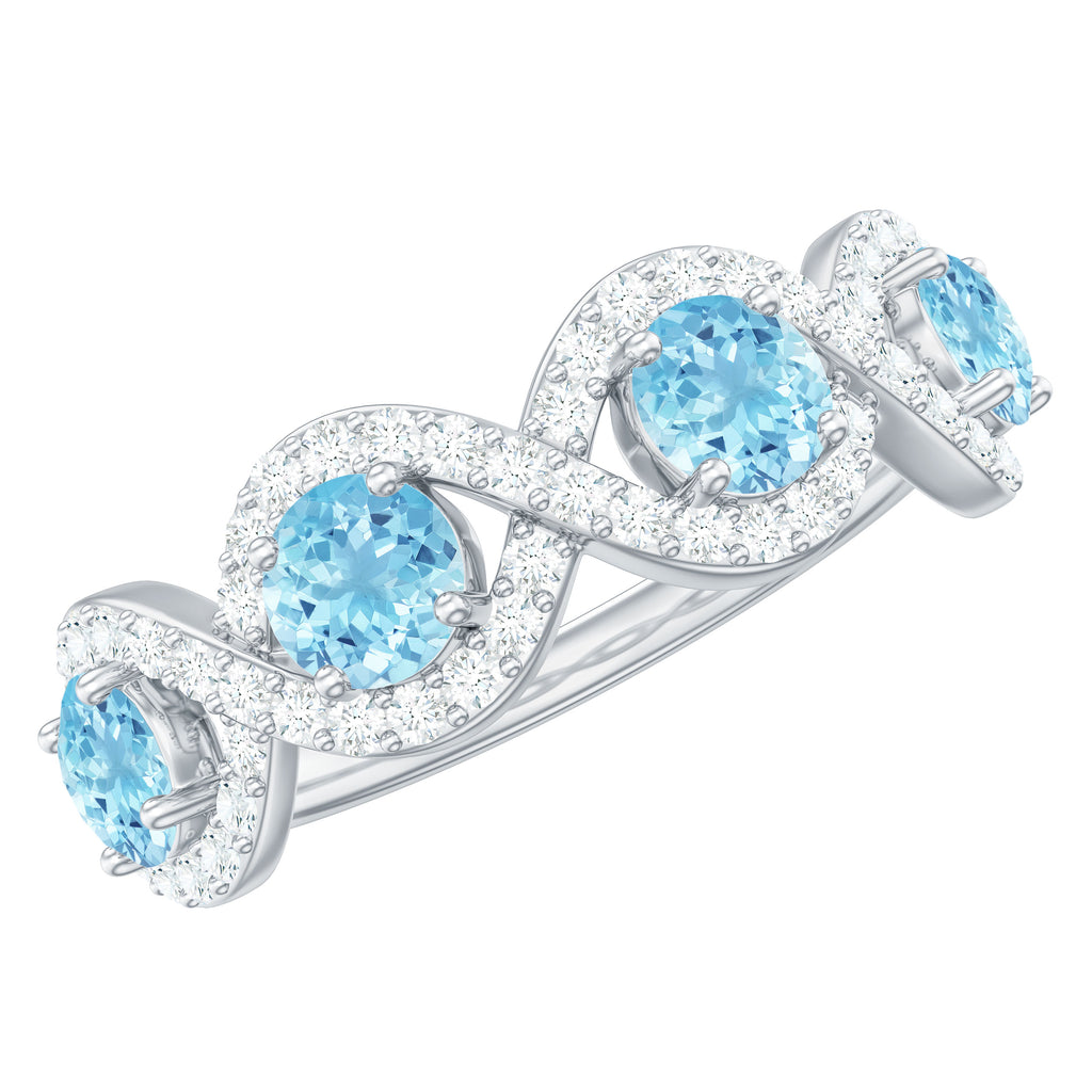 Braided Half Eternity Ring with Aquamarine and Diamond Aquamarine - ( AAA ) - Quality - Rosec Jewels
