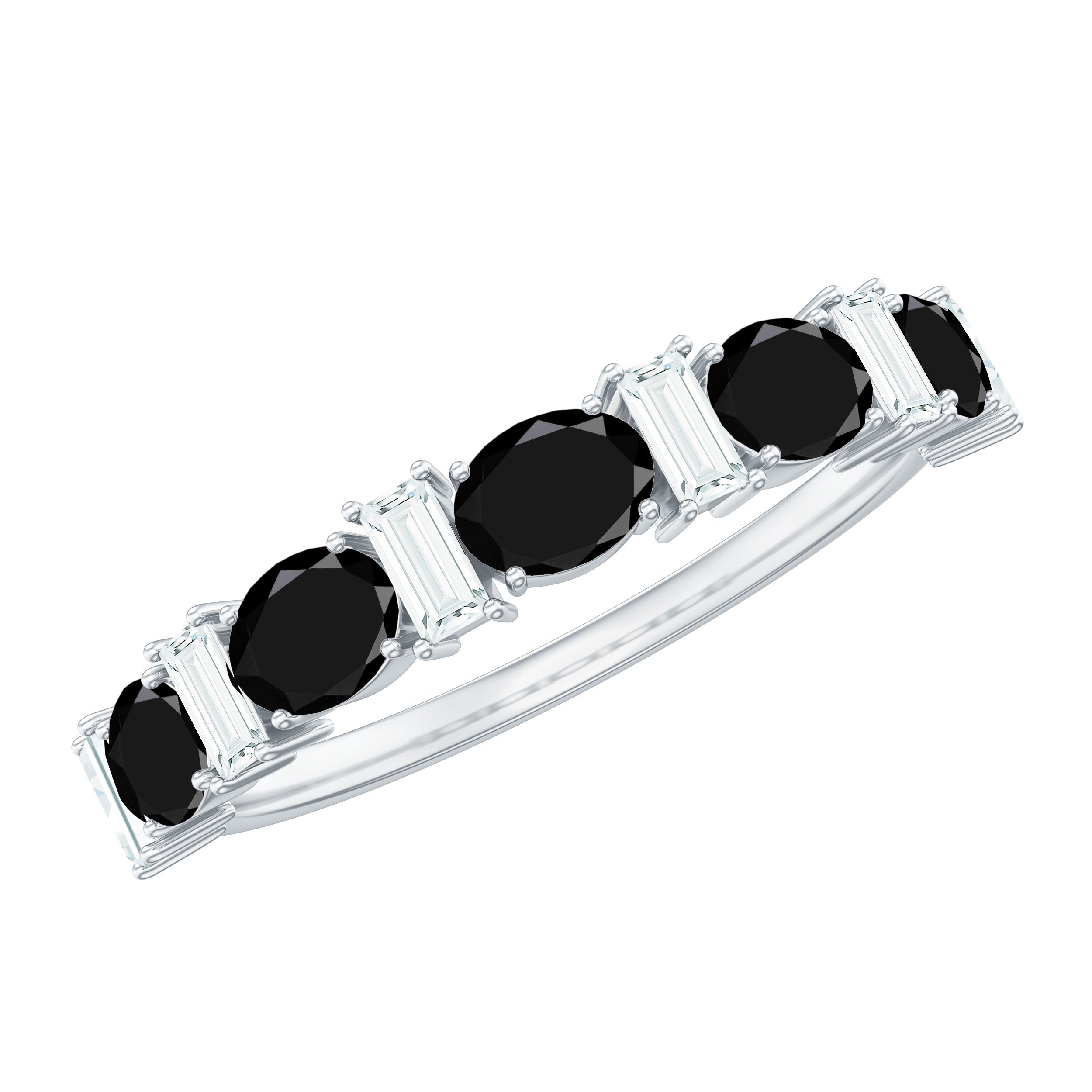 Black Onyx and Diamond Half Eternity Ring in Prong Setting Black Onyx - ( AAA ) - Quality - Rosec Jewels
