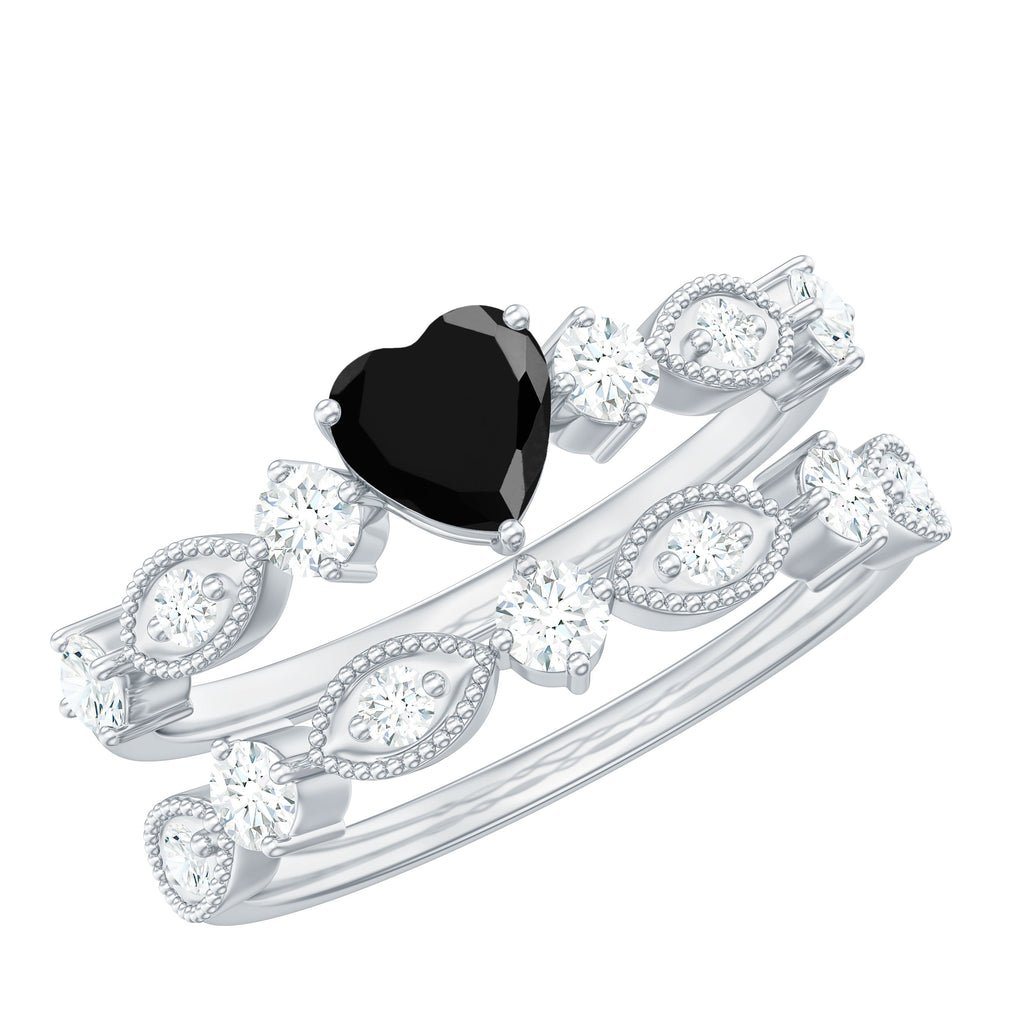 Heart Shape Created Black Diamond Wedding Ring Set with Moissanite Lab Created Black Diamond - ( AAAA ) - Quality - Rosec Jewels