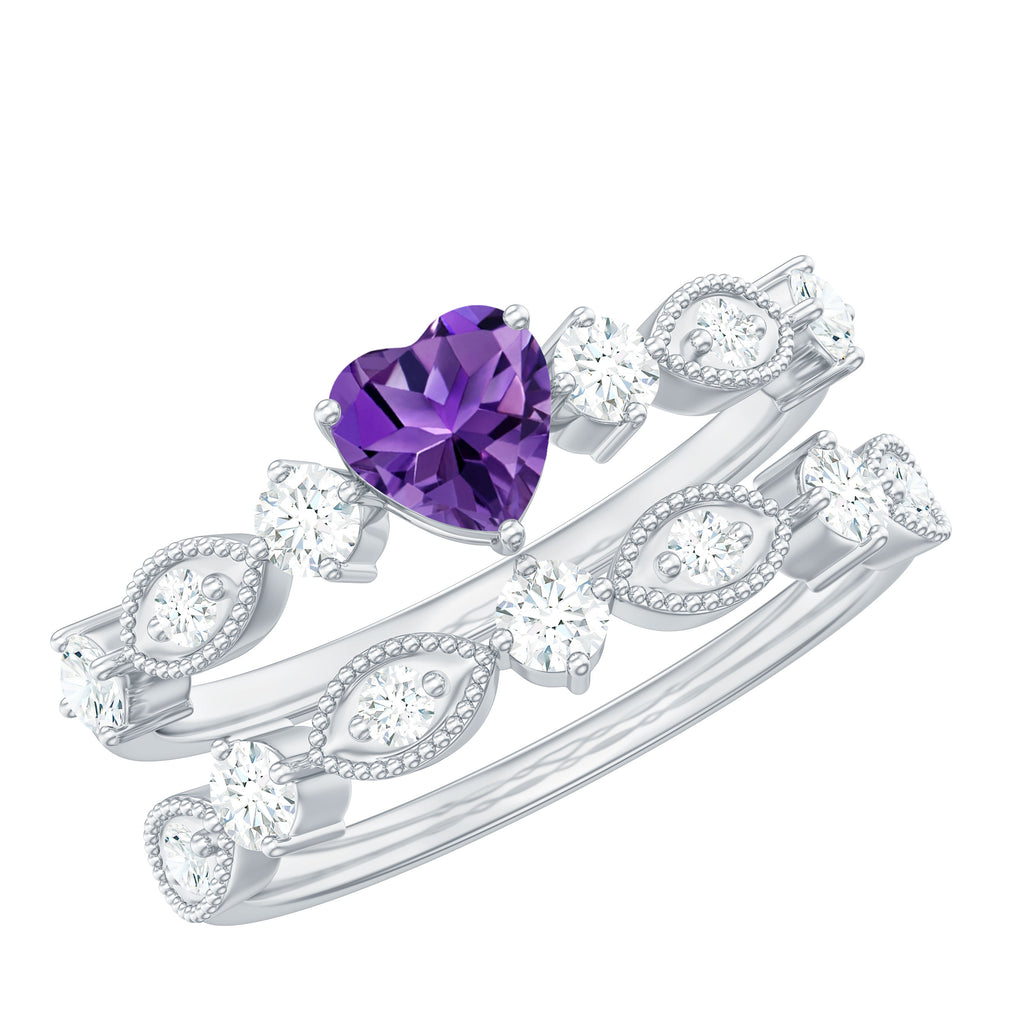 Heart Shape Amethyst Ring Set with Moissanite in Prong Setting Amethyst - ( AAA ) - Quality - Rosec Jewels