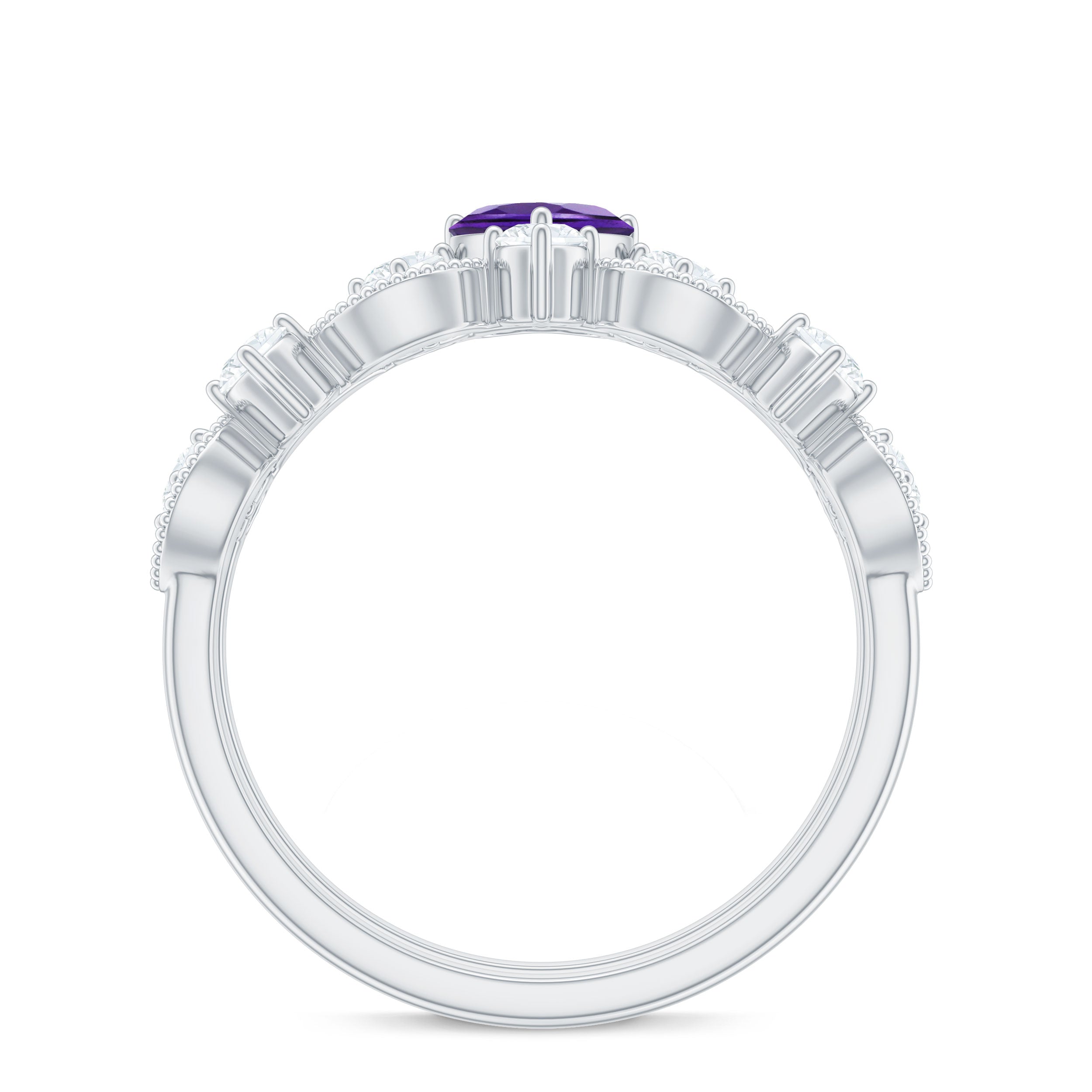 Heart Shape Amethyst Ring Set with Moissanite in Prong Setting Amethyst - ( AAA ) - Quality - Rosec Jewels