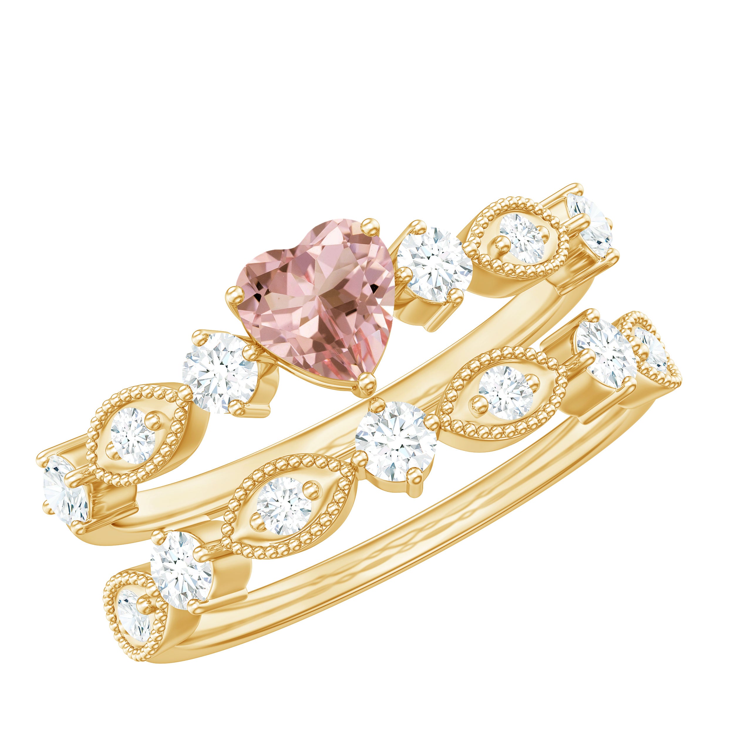 Heart Shape Morganite Stackable Ring Set with Diamond Morganite - ( AAA ) - Quality - Rosec Jewels