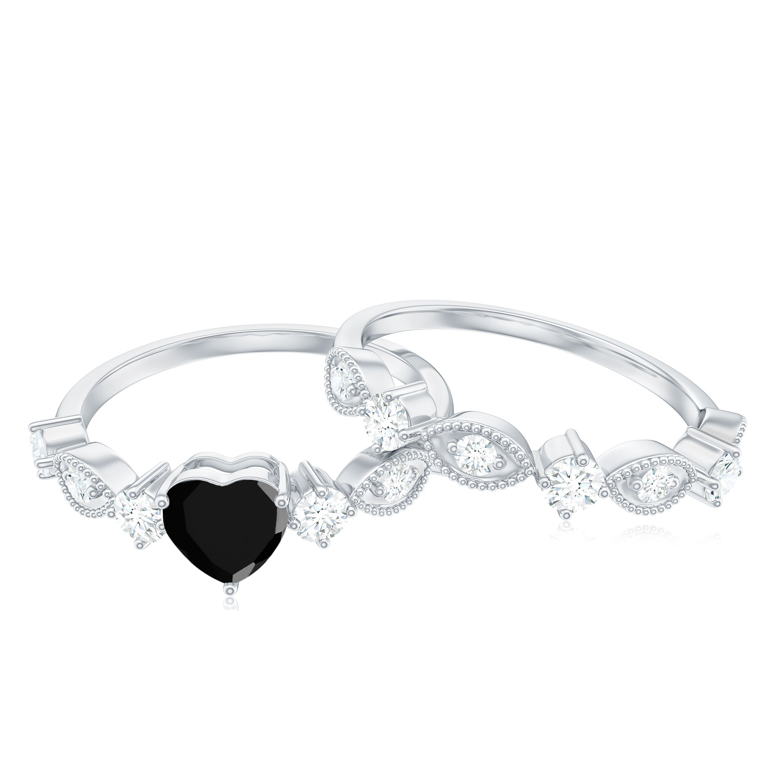 Heart Shape Black Onyx Ring Set with Moissanite Black Onyx - ( AAA ) - Quality - Rosec Jewels