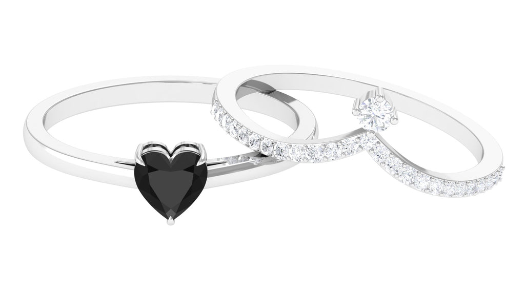 Heart Shape Created Black Diamond Solitaire Ring Set with Diamond Lab Created Black Diamond - ( AAAA ) - Quality - Rosec Jewels