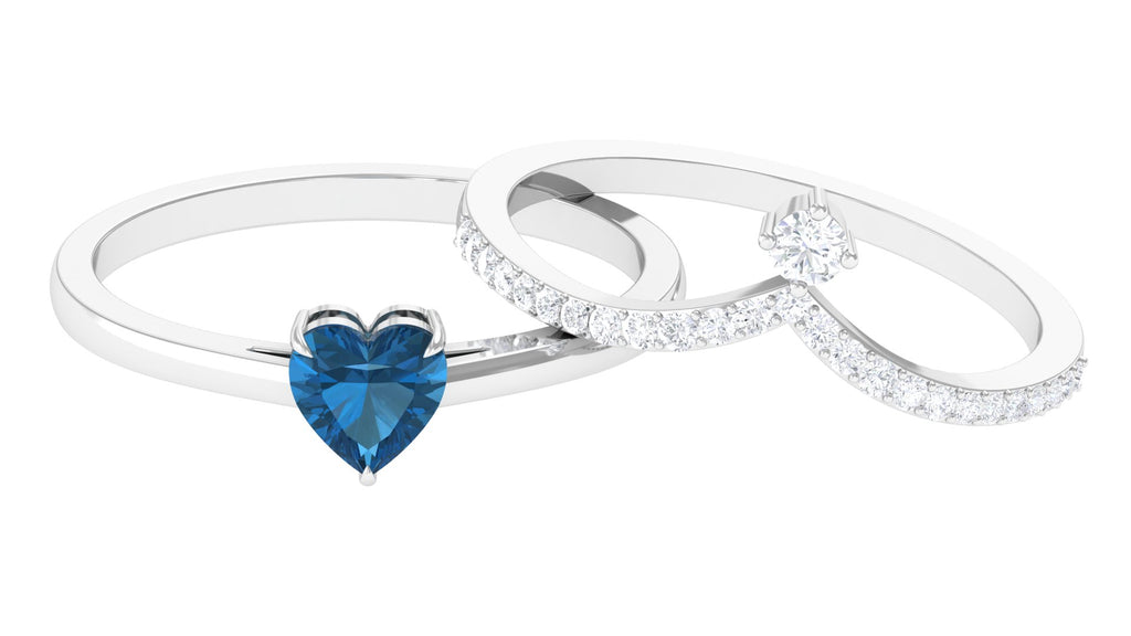 Real London Blue Topaz Heart Ring Set with Diamond London Blue Topaz - ( AAA ) - Quality - Rosec Jewels
