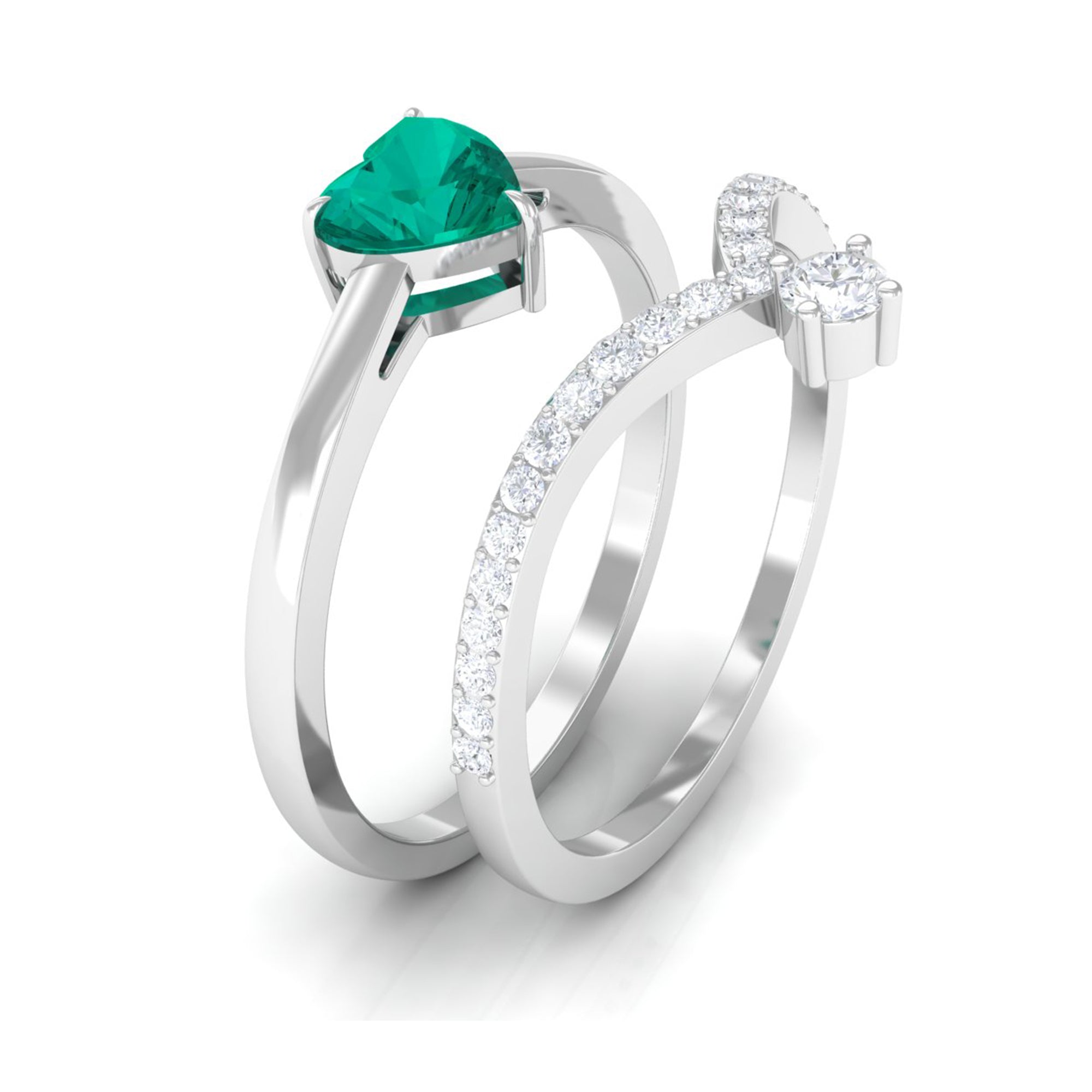 Real Emerald Heart Ring Set with Diamond Emerald - ( AAA ) - Quality - Rosec Jewels