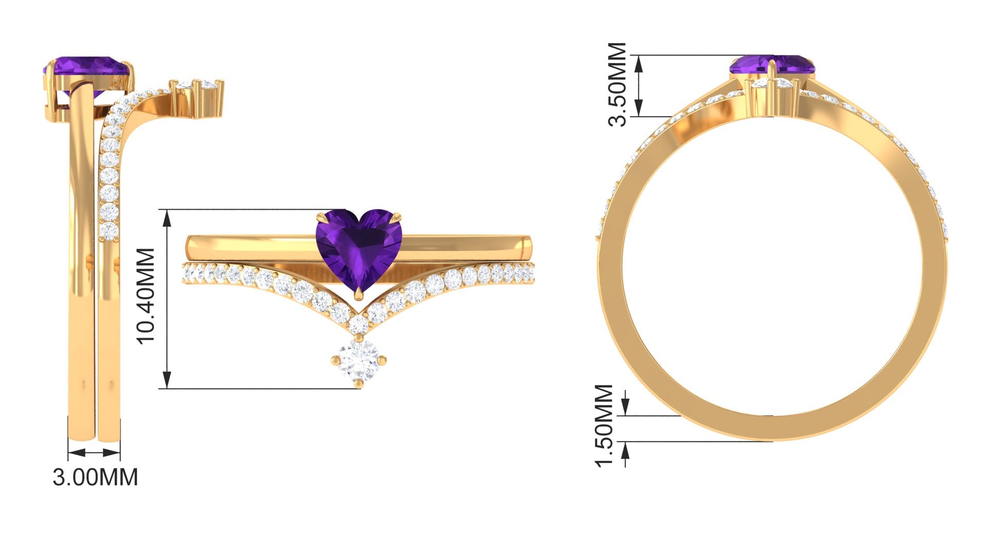 Natural Amethyst Solitaire Heart Ring Set with Diamond Amethyst - ( AAA ) - Quality - Rosec Jewels