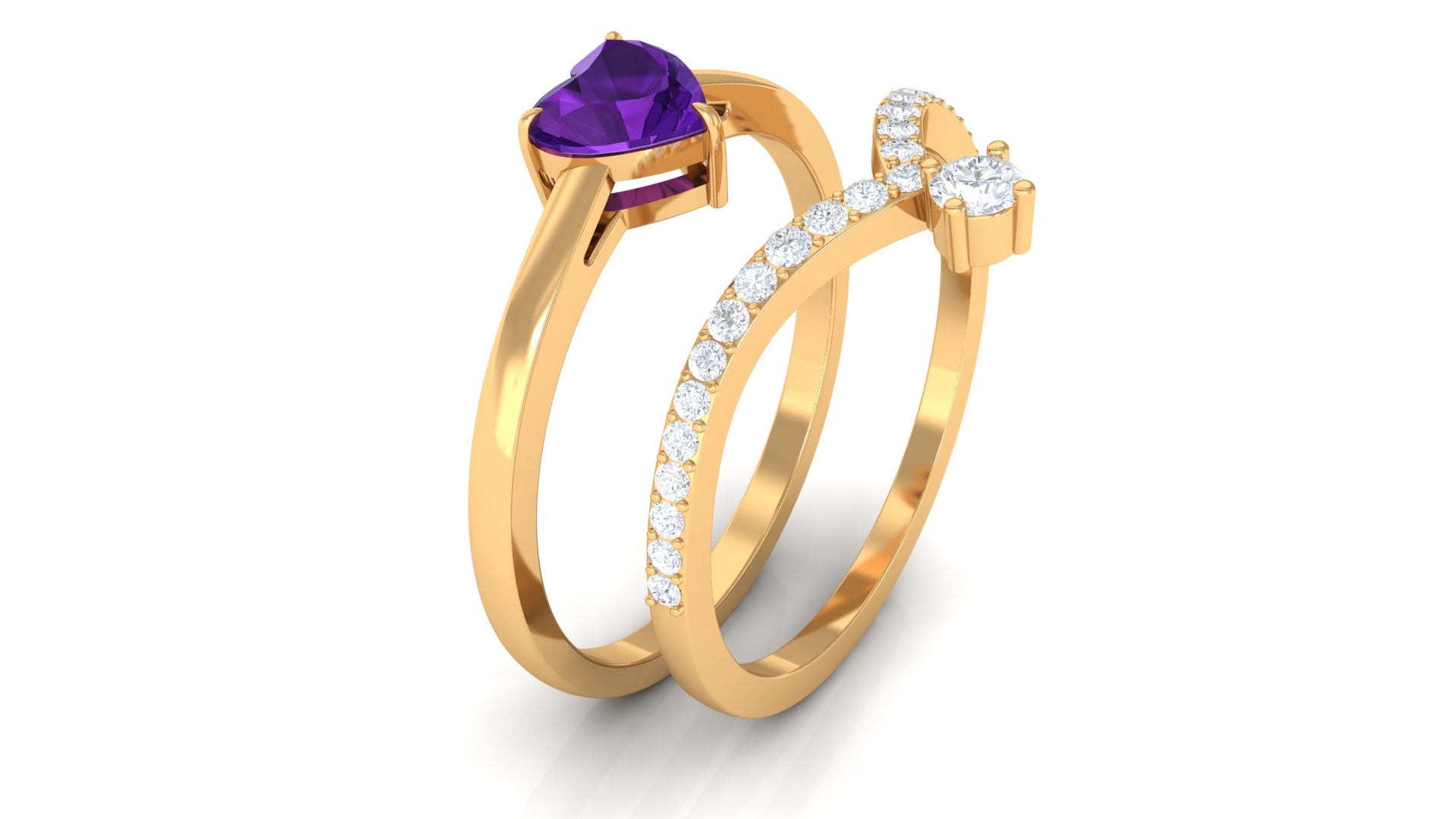 Natural Amethyst Solitaire Heart Ring Set with Diamond Amethyst - ( AAA ) - Quality - Rosec Jewels