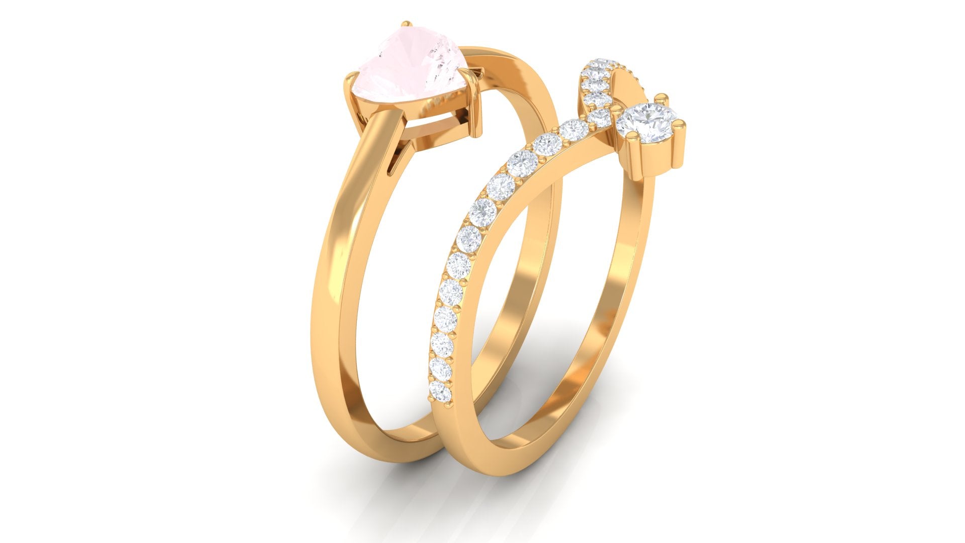 Certified Rose Quartz Heart Ring Set with Diamond Rose Quartz - ( AAA ) - Quality - Rosec Jewels