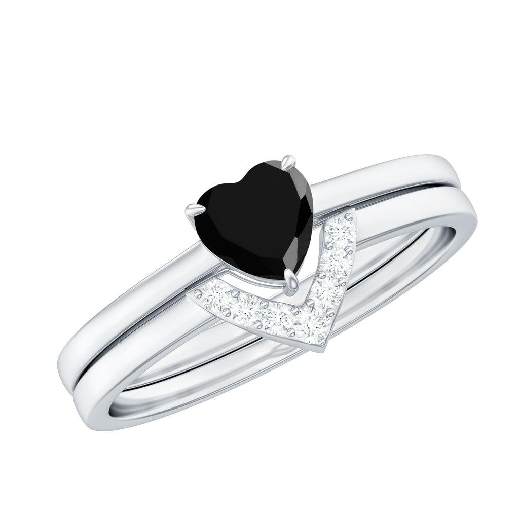 Heart Created Black Diamond Solitaire Ring Set with Diamond Lab Created Black Diamond - ( AAAA ) - Quality - Rosec Jewels