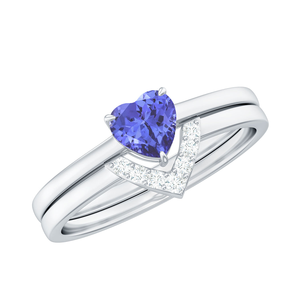 Real Tanzanite Heart Ring Set with Diamond Tanzanite - ( AAA ) - Quality - Rosec Jewels