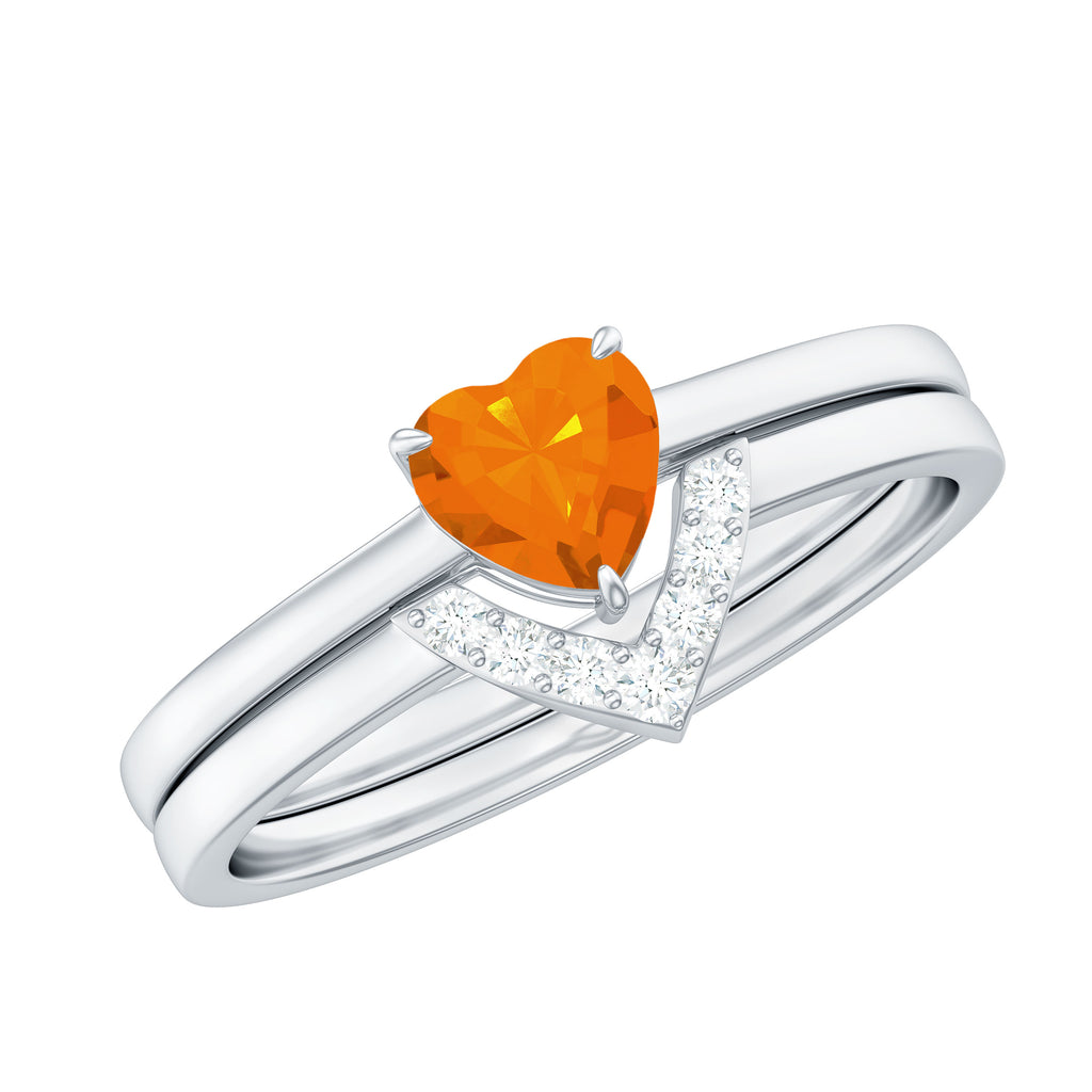 Natural Fire Opal Heart Solitaire Ring Set with Diamond Band Fire Opal - ( AAA ) - Quality - Rosec Jewels