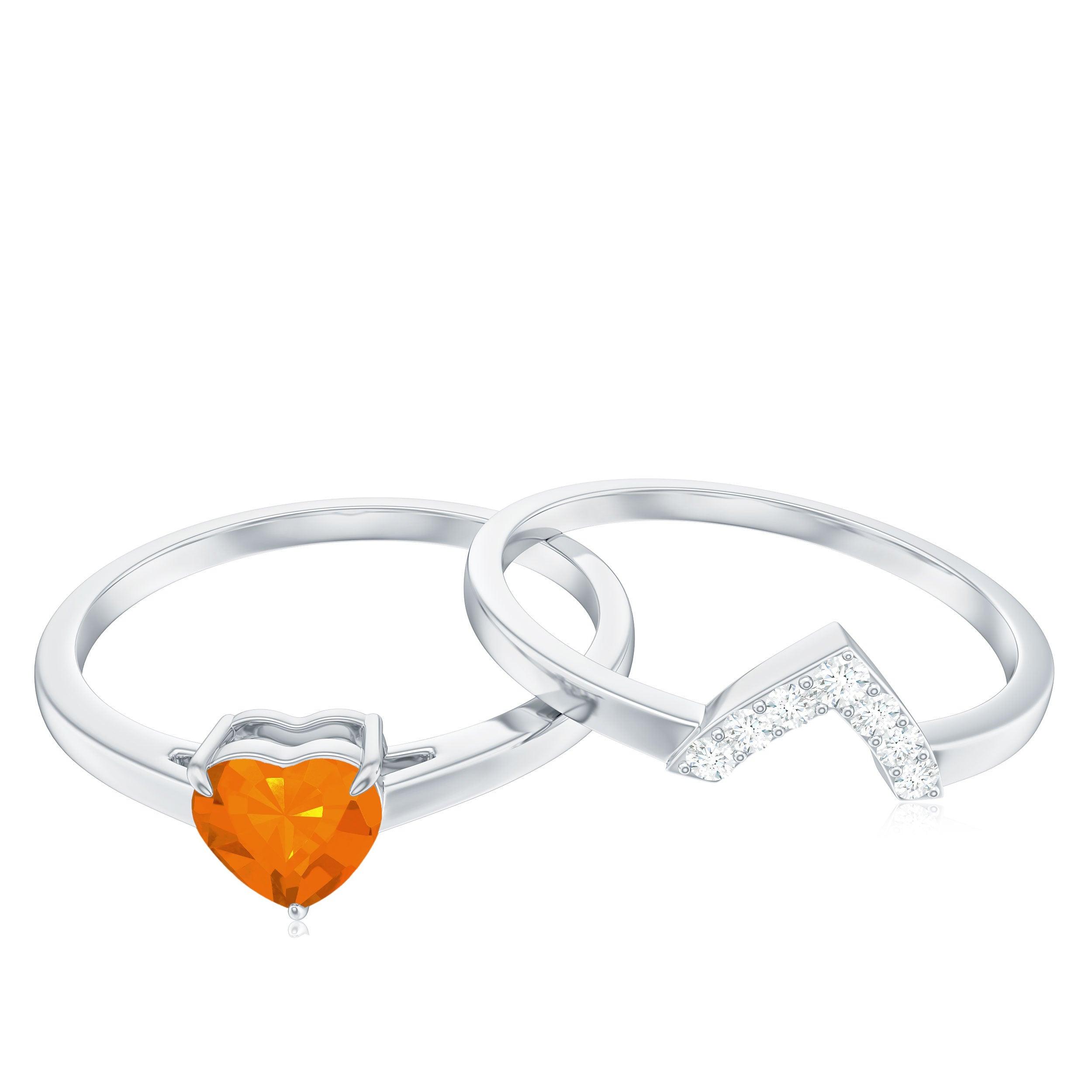 Natural Fire Opal Heart Solitaire Ring Set with Diamond Band Fire Opal - ( AAA ) - Quality - Rosec Jewels