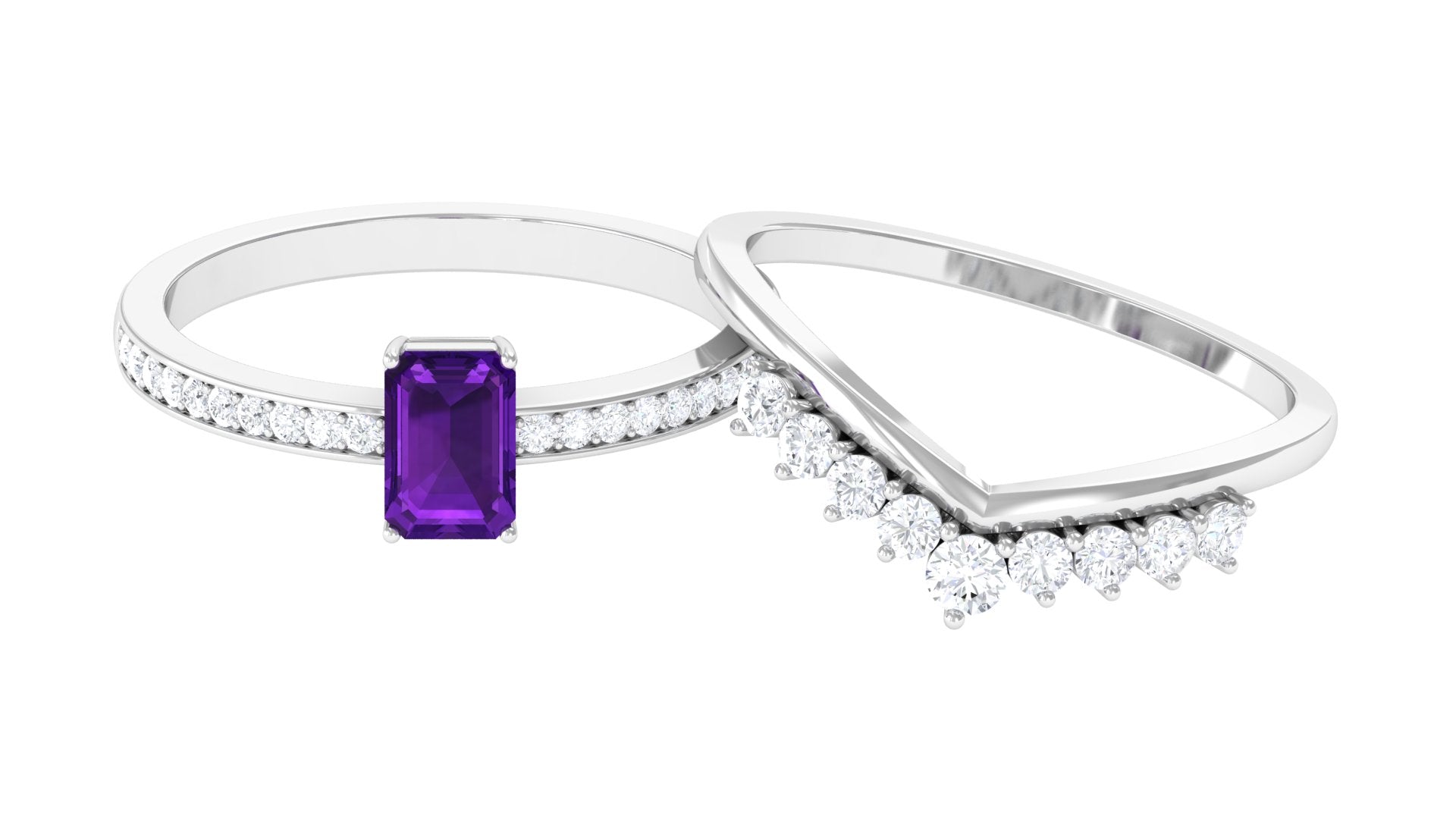 Octagon Cut Amethyst and Diamond Stackable Ring Set Amethyst - ( AAA ) - Quality - Rosec Jewels