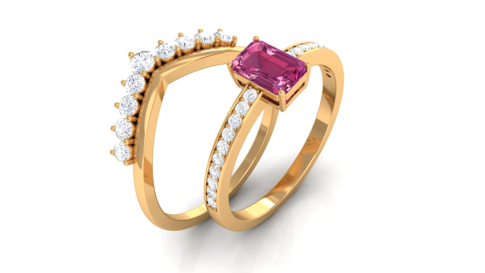 Pink Tourmaline and Moissanite Stackable Ring Set Pink Tourmaline - ( AAA ) - Quality - Rosec Jewels