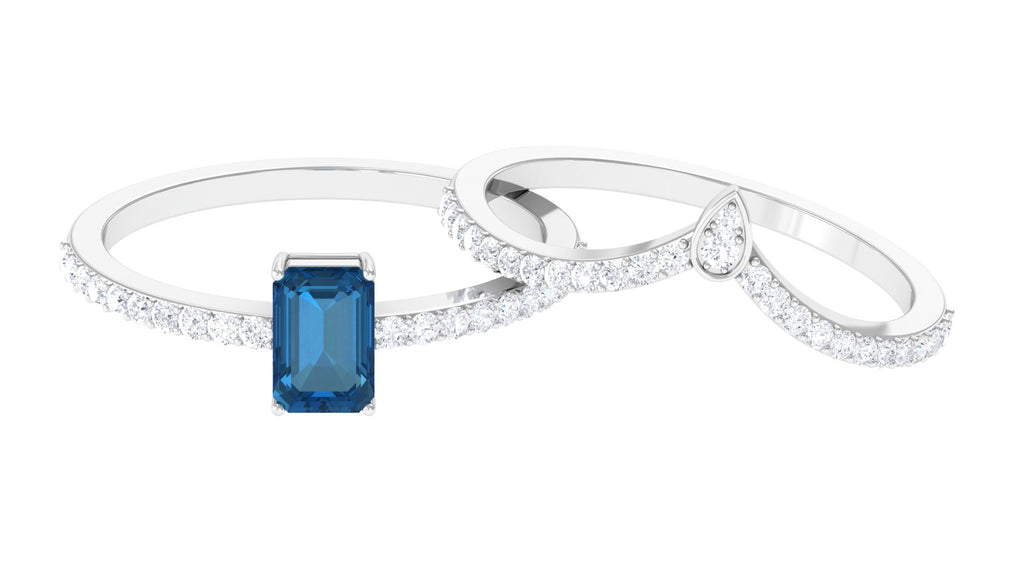 Emerald Cut London Blue Topaz Solitaire Ring Set with Diamond Stackable Band London Blue Topaz - ( AAA ) - Quality - Rosec Jewels