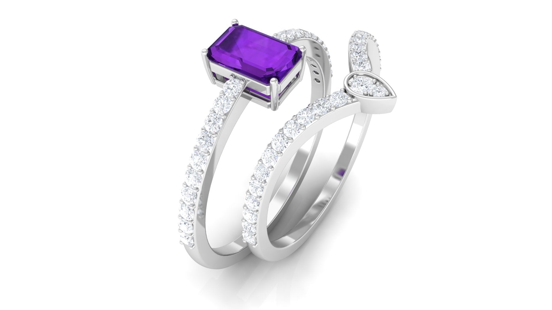 Emerald Cut Amethyst and Diamond Ring Set Amethyst - ( AAA ) - Quality - Rosec Jewels