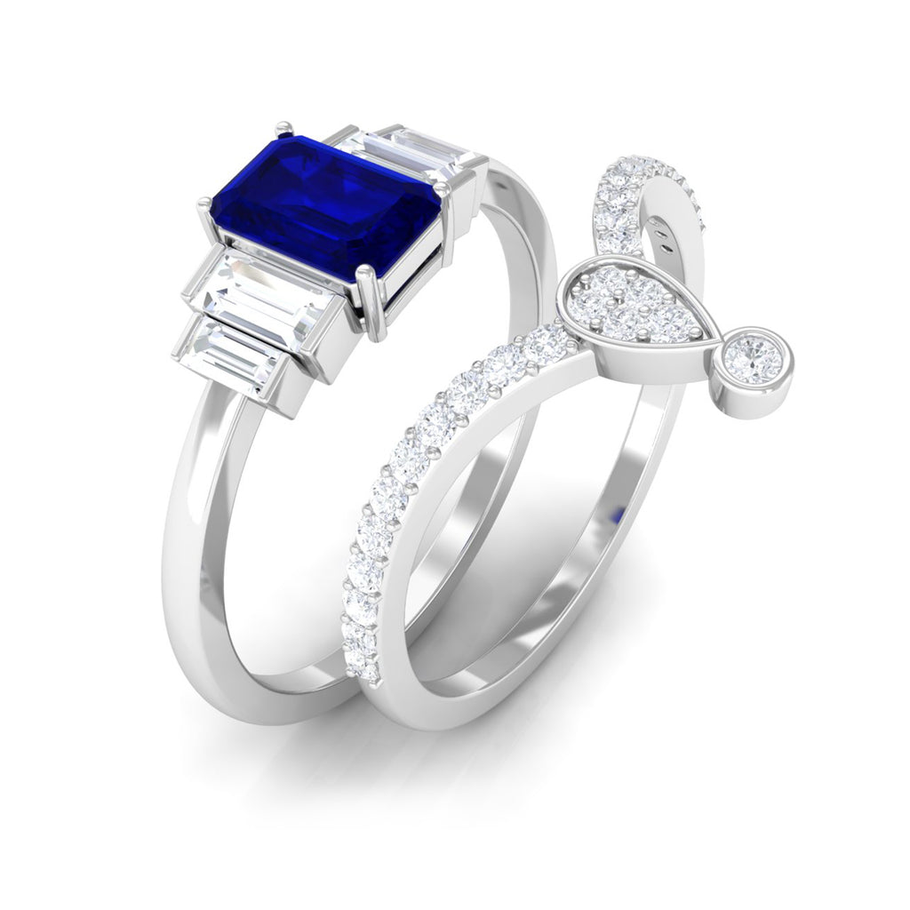 Real Blue Sapphire and Moissanite Ring Set Blue Sapphire - ( AAA ) - Quality - Rosec Jewels