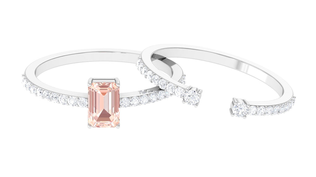 Emerald Cut Morganite and Diamond Solitaire Ring Set Morganite - ( AAA ) - Quality - Rosec Jewels