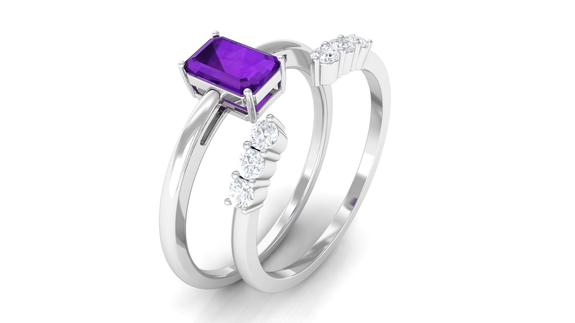 Natural Amethyst and Diamond Stackable Ring Set Amethyst - ( AAA ) - Quality - Rosec Jewels