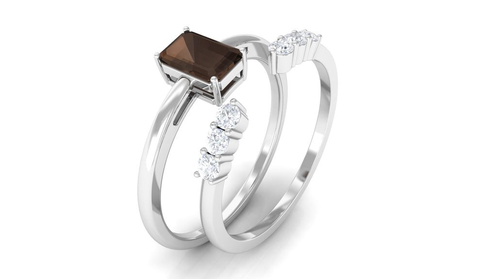 Real Smoky Quartz Stackable Ring Set with Diamond Smoky Quartz - ( AAA ) - Quality - Rosec Jewels
