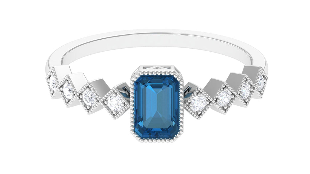 Certified London Blue Topaz Solitaire Ring with Diamond London Blue Topaz - ( AAA ) - Quality - Rosec Jewels