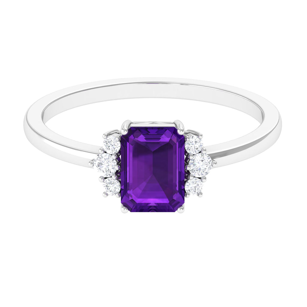 Octagon Cut Amethyst Solitaire Ring with Diamond Accent Amethyst - ( AAA ) - Quality - Rosec Jewels