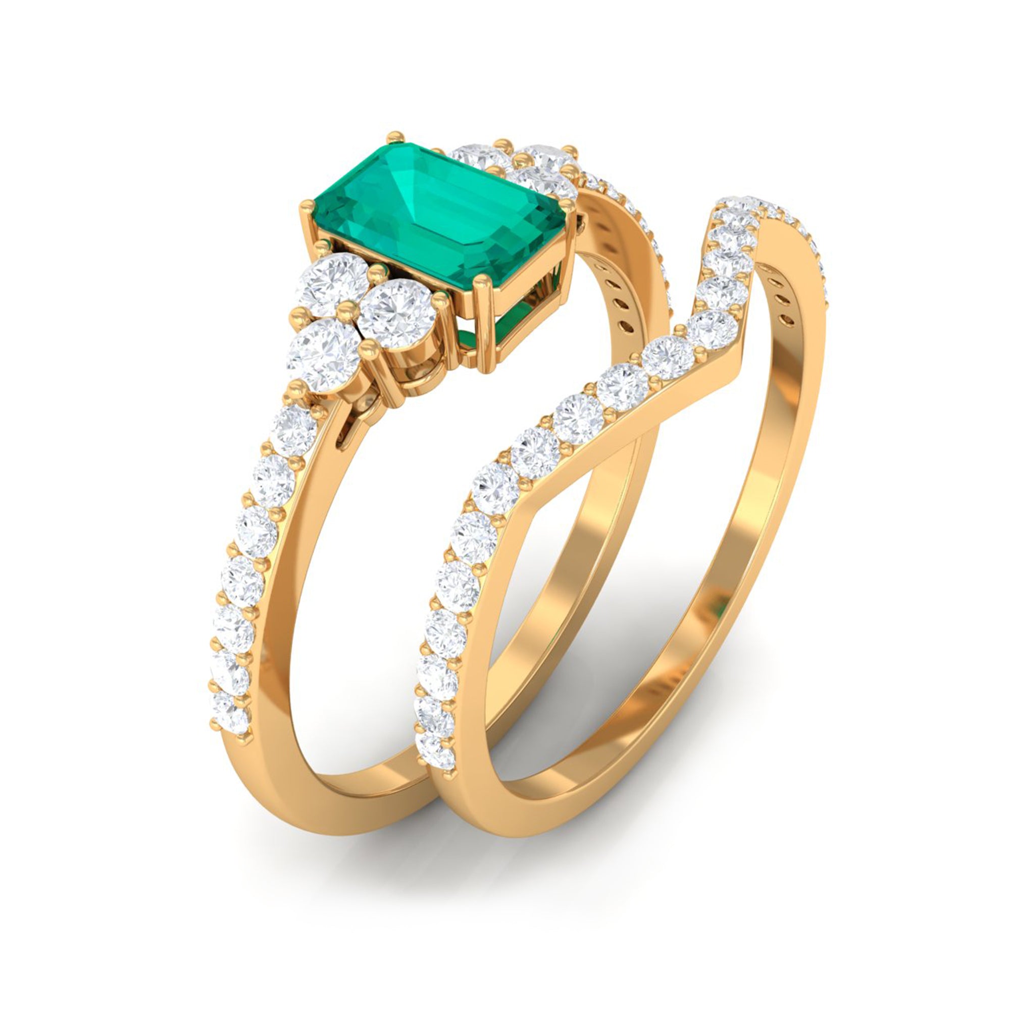 Octagon shape Emerald Ring Set with Diamond Stones Emerald - ( AAA ) - Quality - Rosec Jewels