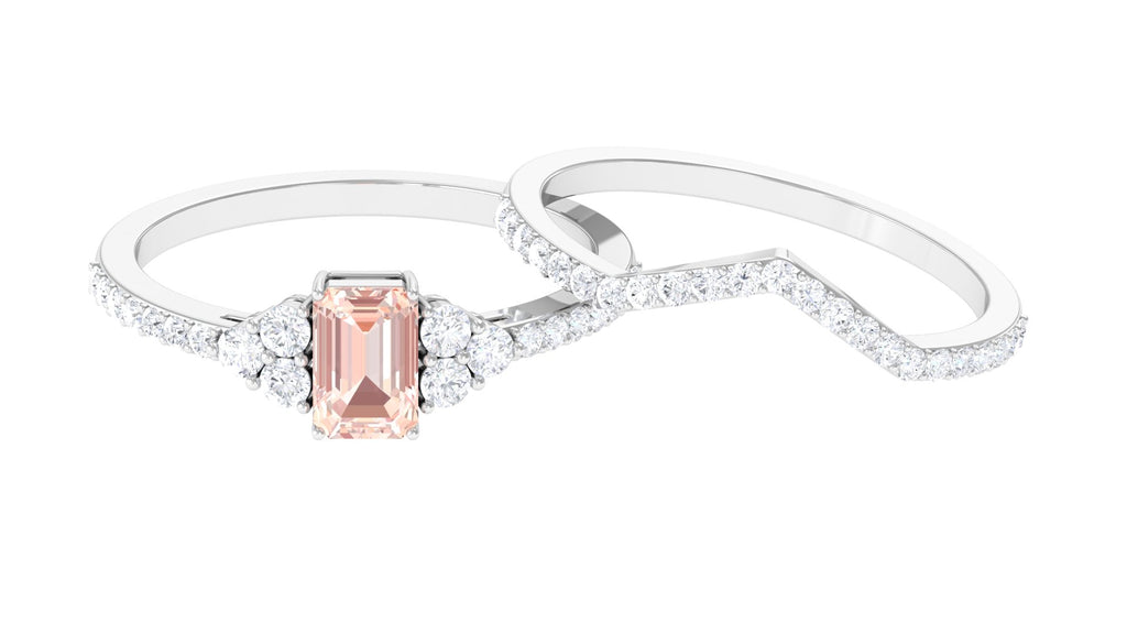 Real Morganite Stackable Ring Set with Diamond Morganite - ( AAA ) - Quality - Rosec Jewels