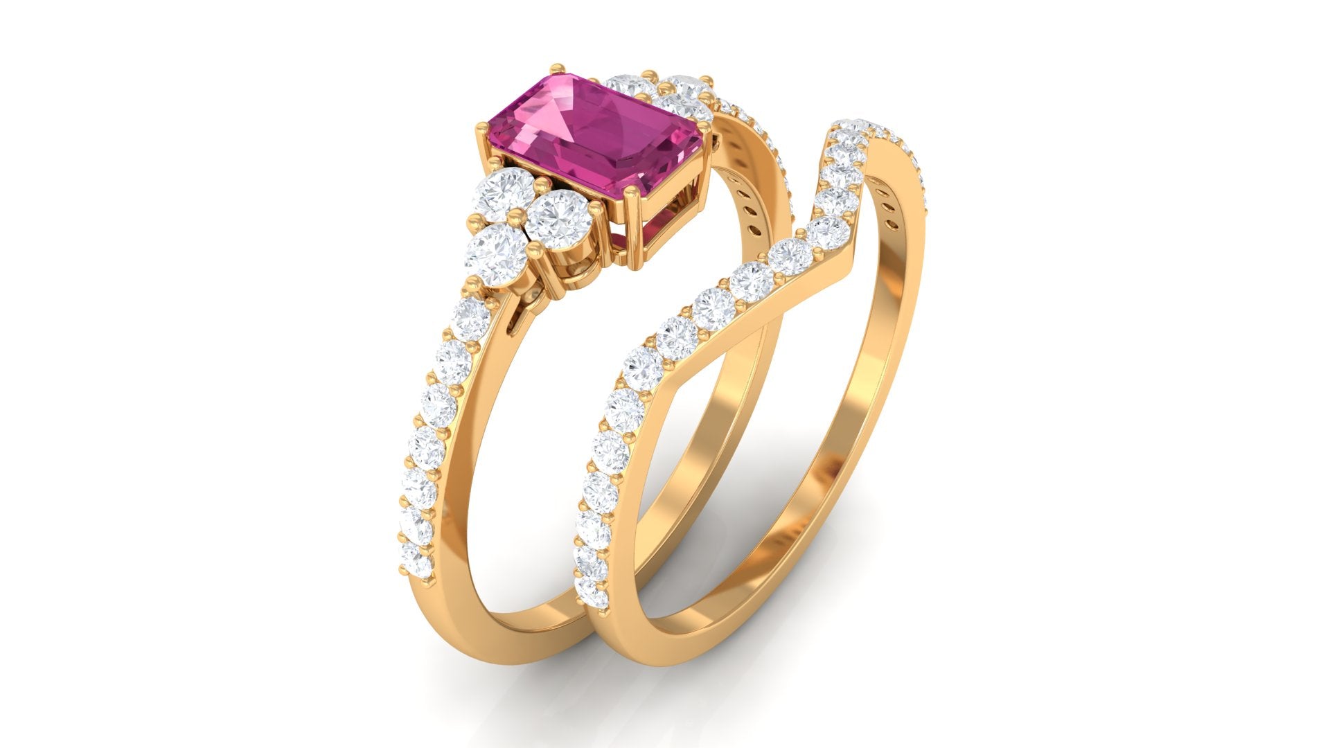 Pink Tourmaline Stackable Ring Set with Diamond Stones Pink Tourmaline - ( AAA ) - Quality - Rosec Jewels