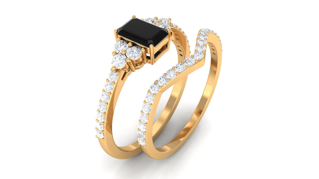 Black Spinel Stackable Ring Set with Diamond Stones Black Spinel - ( AAA ) - Quality - Rosec Jewels