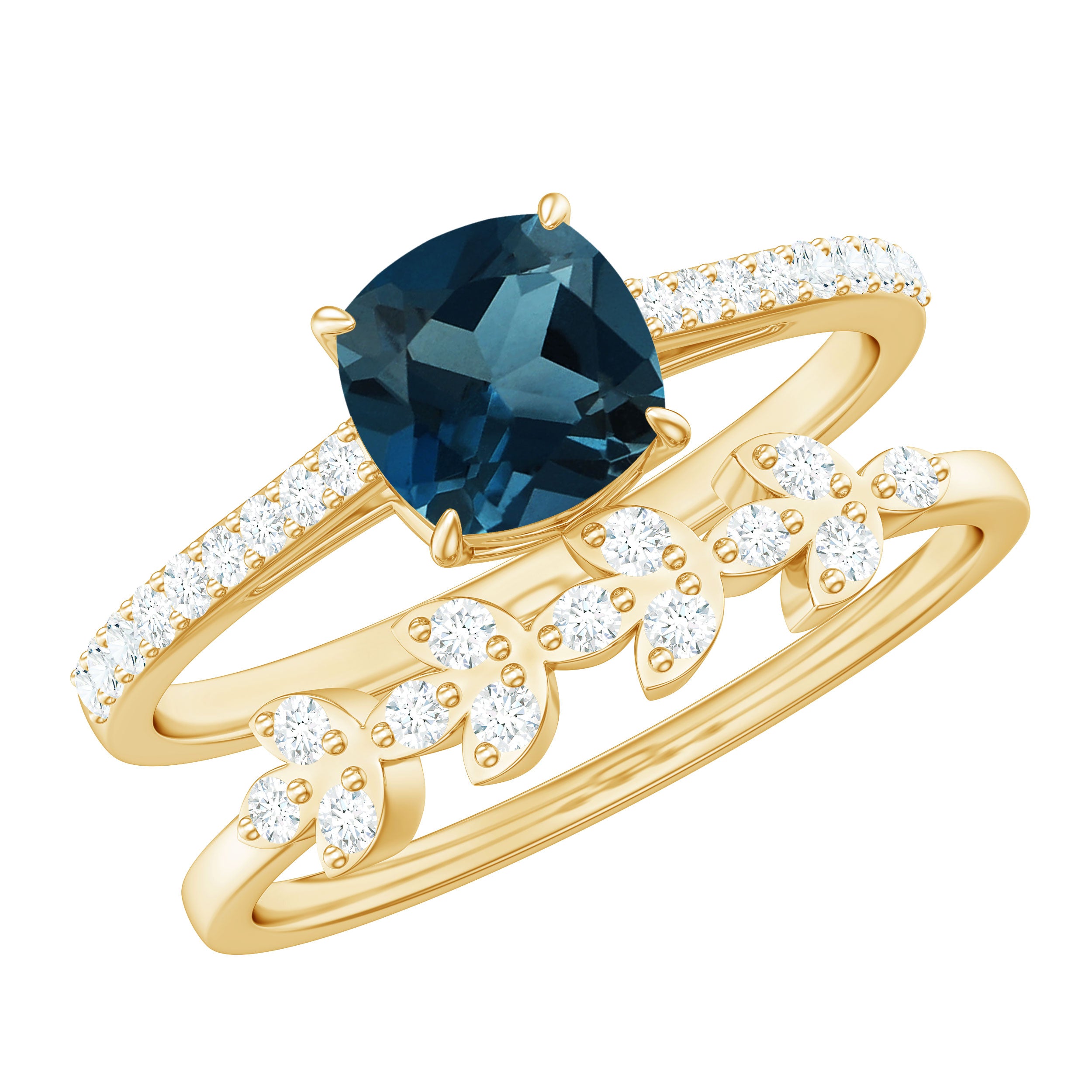 Cushion Cut London Blue Topaz Solitaire Ring Set with Diamond Stackable Band London Blue Topaz - ( AAA ) - Quality - Rosec Jewels