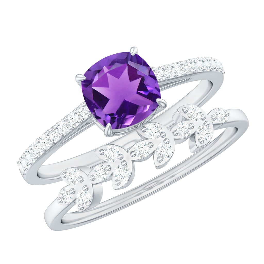 Cushion Cut Amethyst Wedding Ring Set with Diamond Amethyst - ( AAA ) - Quality - Rosec Jewels
