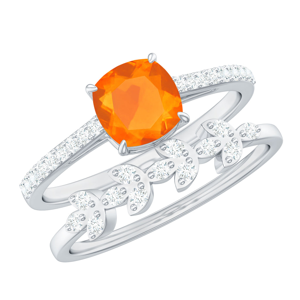 Cushion Cut Fire Opal Ring Set with Diamond Stones Fire Opal - ( AAA ) - Quality - Rosec Jewels