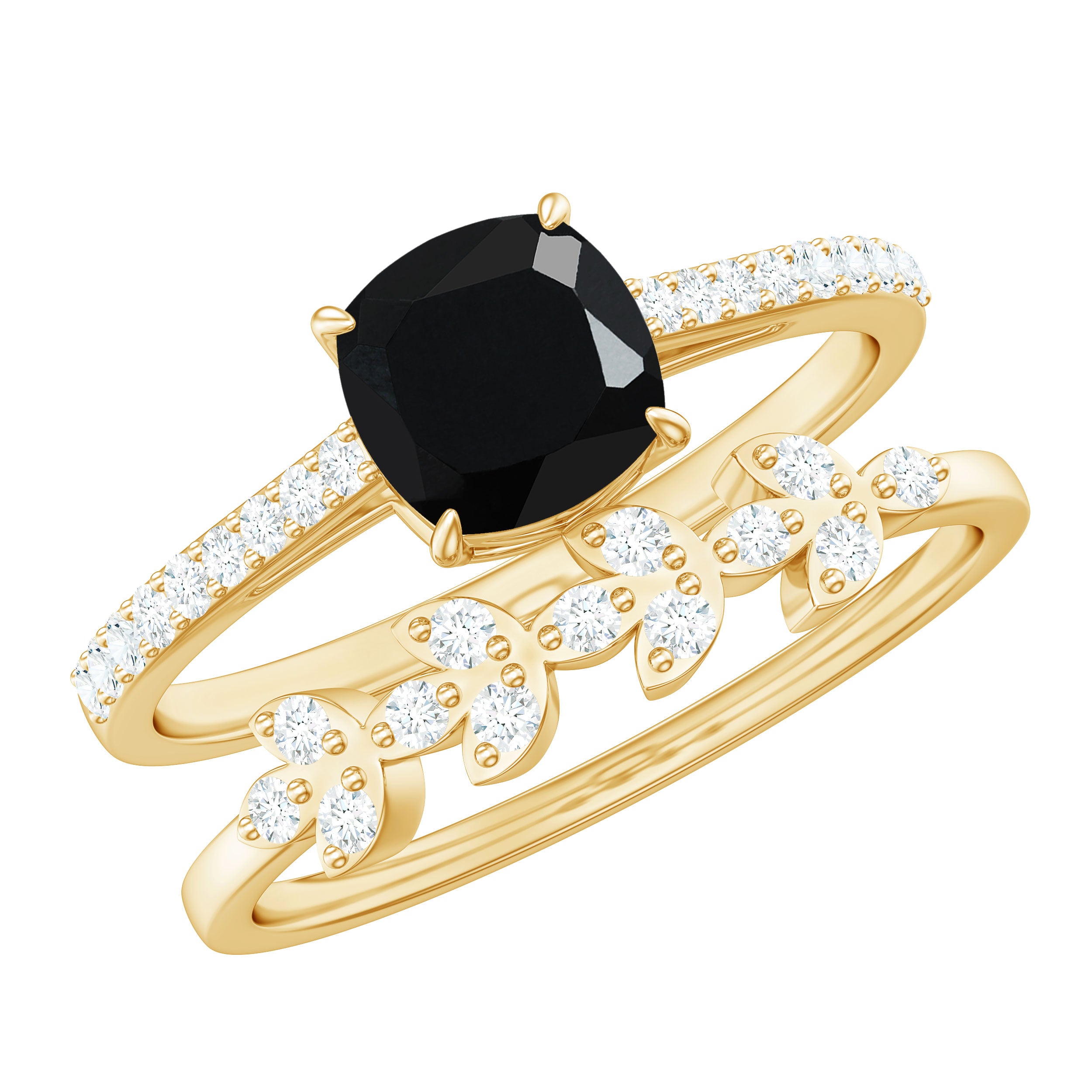 1.25 CT Natural Black Onyx and Diamond Stackable Ring Set Black Onyx - ( AAA ) - Quality - Rosec Jewels