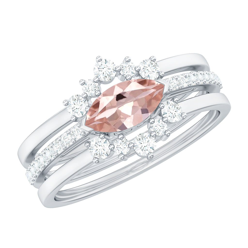 Marquise Cut Morganite Stackable Ring Set with Diamond Morganite - ( AAA ) - Quality - Rosec Jewels