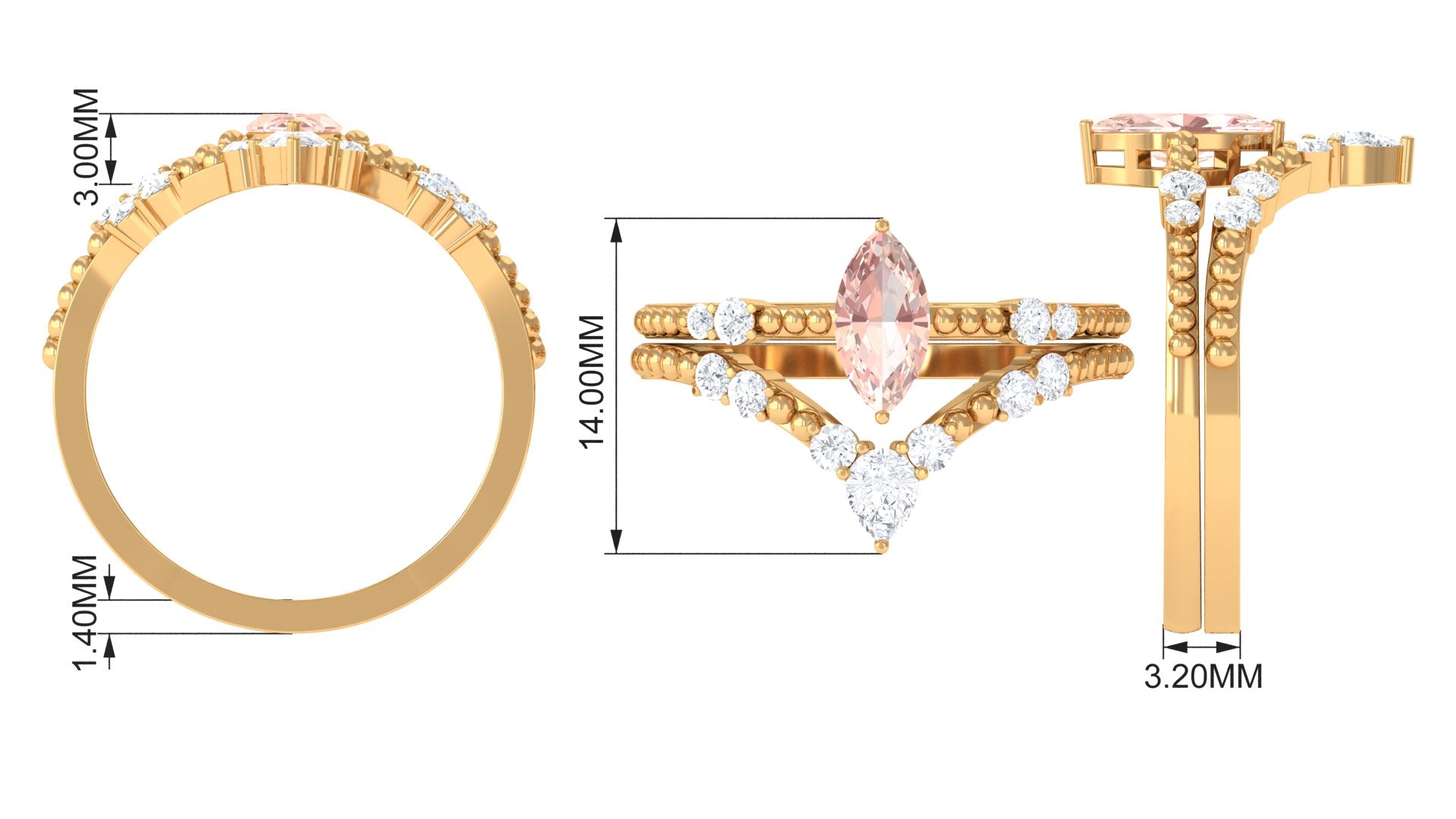 Morganite and Diamond Beaded Ring Set Morganite - ( AAA ) - Quality - Rosec Jewels