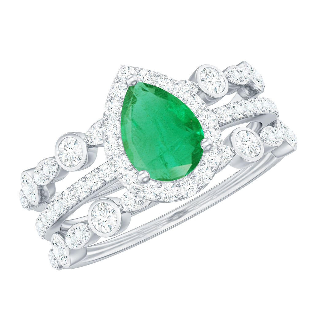 Pear Cut Emerald Bridal Trio Ring Set with Moissanite Band Emerald - ( AAA ) - Quality - Rosec Jewels