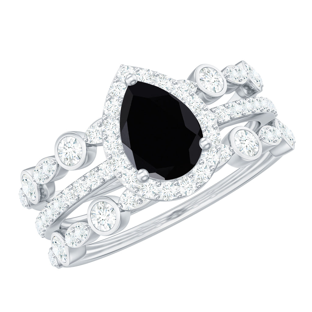 Pear Cut Black Spinel Bridal Trio Ring Set with Moissanite Band Black Spinel - ( AAA ) - Quality - Rosec Jewels