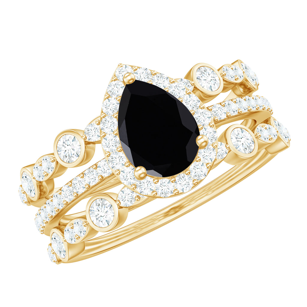 Pear Cut Black Spinel Bridal Trio Ring Set with Moissanite Band Black Spinel - ( AAA ) - Quality - Rosec Jewels