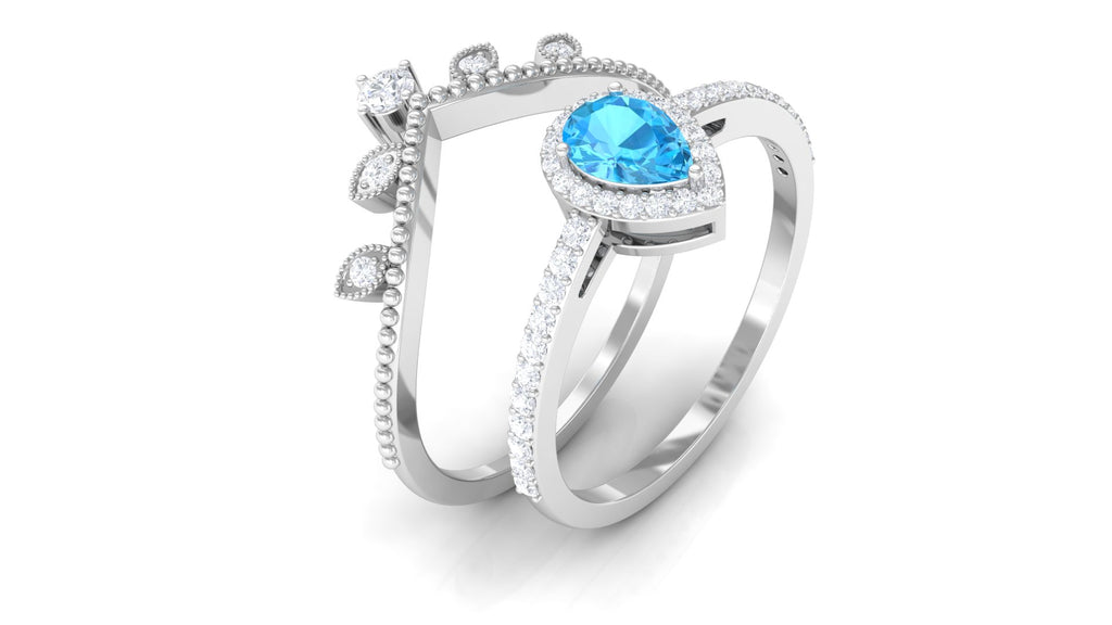 Vintage Inspired Swiss Blue Topaz Teardrop Wedding Ring Set with Diamond Swiss Blue Topaz - ( AAA ) - Quality - Rosec Jewels