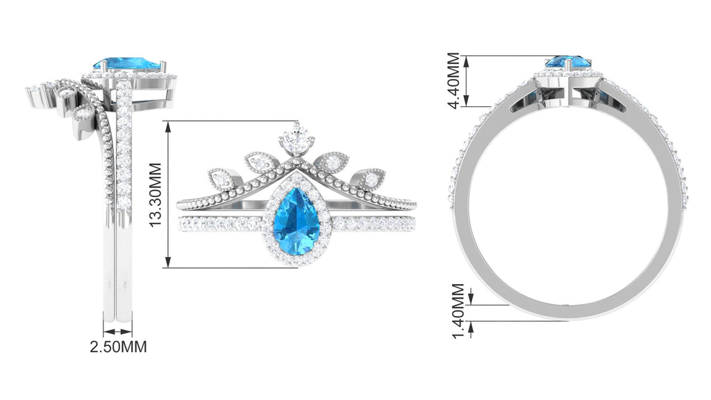 Vintage Inspired Swiss Blue Topaz Teardrop Wedding Ring Set with Diamond Swiss Blue Topaz - ( AAA ) - Quality - Rosec Jewels